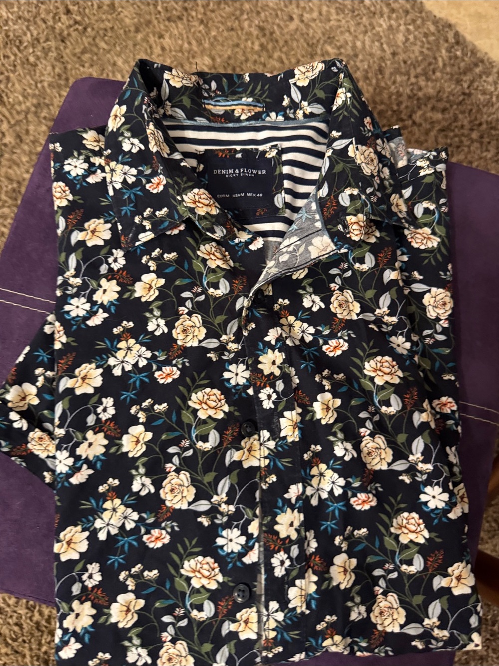 Denim & Flower Men's Black Navy Floral Button-Down Shirt Size Medium